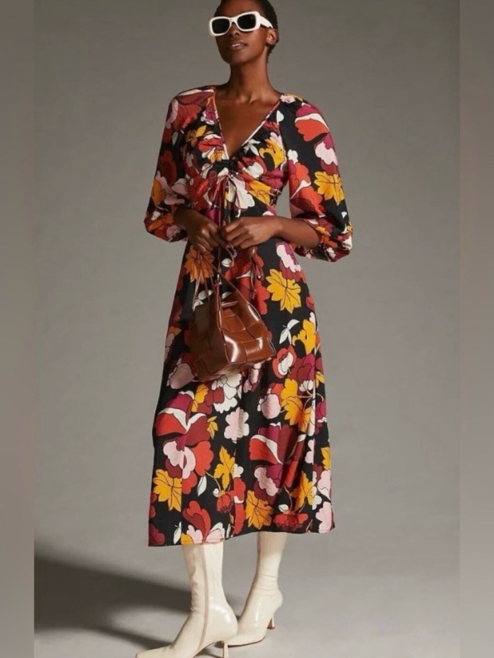 Maeve Deep V Floral Midi Dress - Size 4